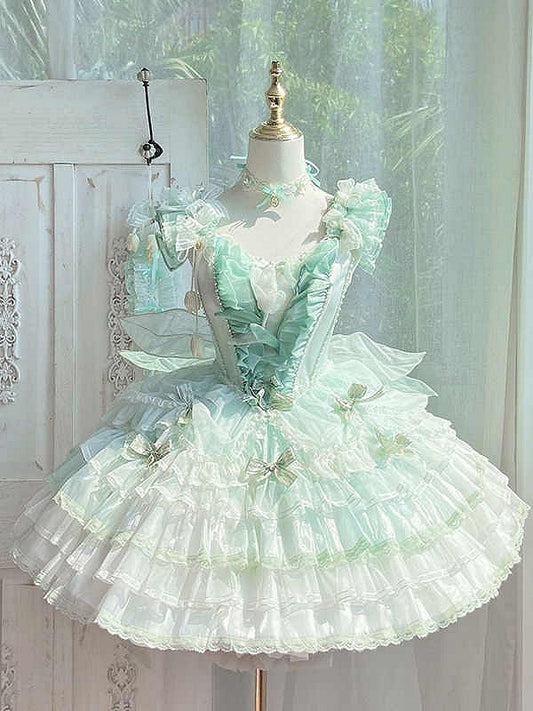 Dress Lolita Princess Layered Green Balletcore Tulip Theme Skirt