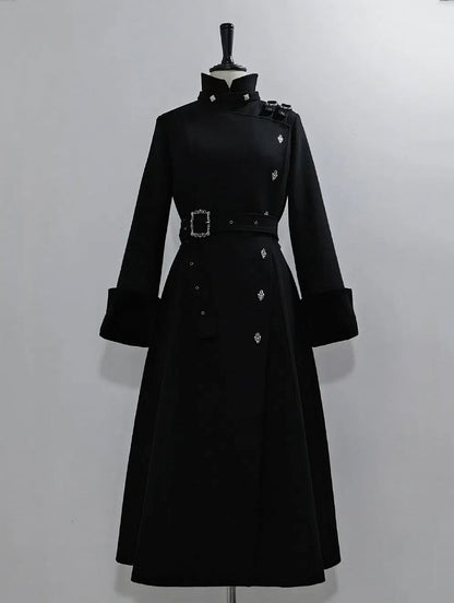 Black Ouji Lolita Stand Collar High Neck Woolen Coat