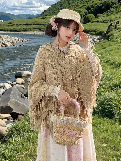 Cape with Tassel Hem Khaki Knitted Hooded