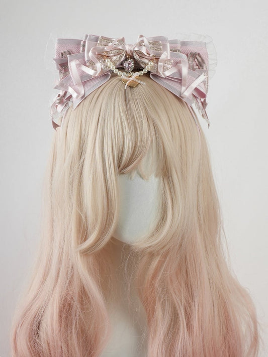Lolita Pink Big Bow Beaded Chain and Heart Charm Lace Trim KC