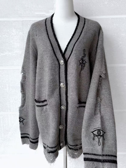 Gray with Guro Kawaii Eye and Snake Embroidery Distressed Holes Knit Cardigan