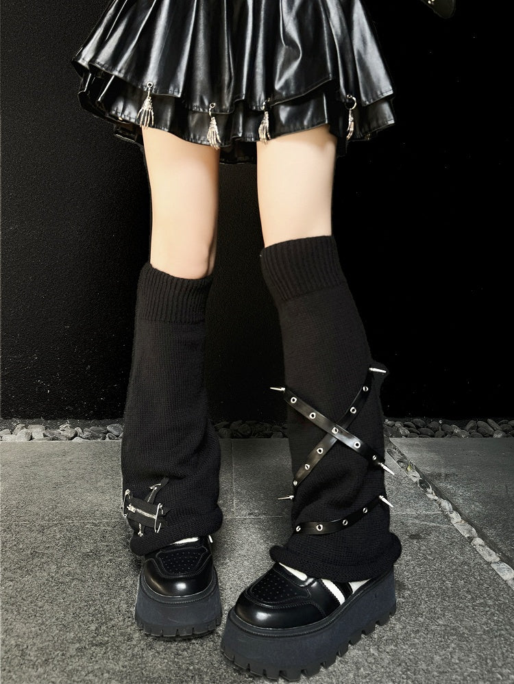 Punk Black Zippers and Criss-cross Straps Adorned Studs Knit Leg Warmers