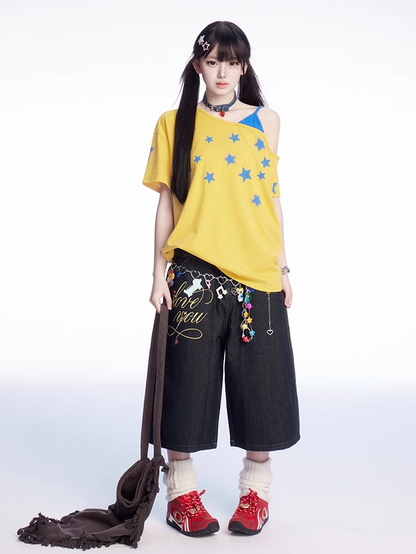 Star Faux Asymmetrisches T-Shirt Blau Print Ausschnitt Gelb