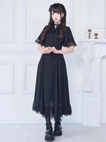 Langes Kleid mit Spitzenbesatz und kostenloser Schleifenbrosche, Jirai Kei, ganz in Schwarz