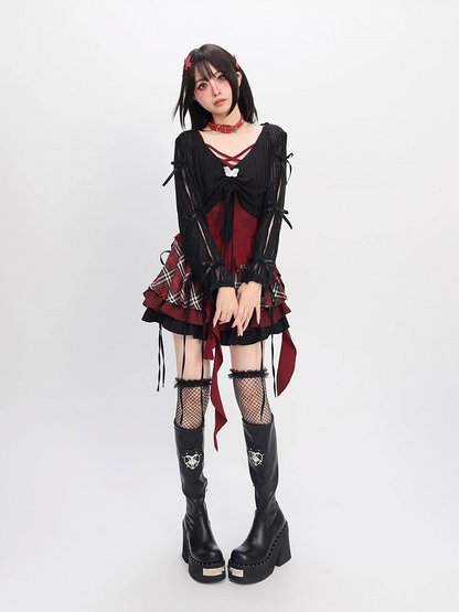 Plaid Tiered Skirt and Red Black Black and White Bowknots Decoration Y2K /