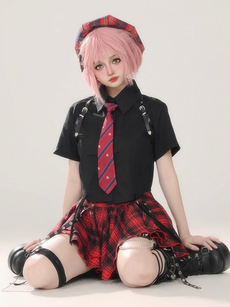 Mini Straps Red Skirt With Plaid Black Pleated Metal Punk Buckle