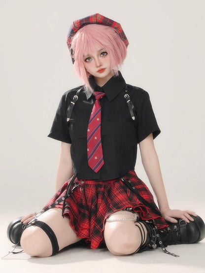 Mini Straps Red Skirt With Plaid Black Pleated Metal Punk Buckle