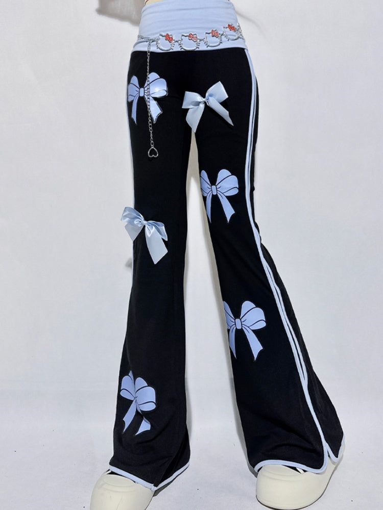 Pantalon évasé à taille haute noir avec nœuds bleus