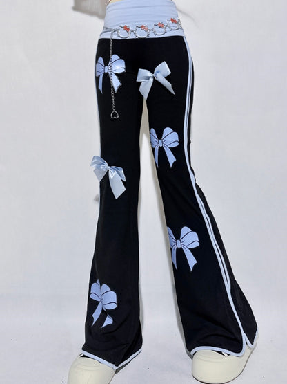 Pantalon évasé à taille haute noir avec nœuds bleus