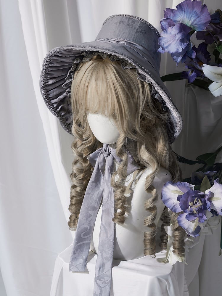 and Bonnet Bow with Trim Wide-Brimmed Lolita Lace Detail Black/Gray/Brown