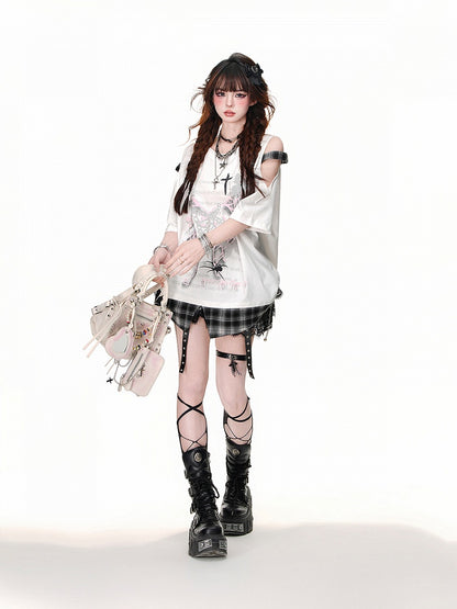 Uniform Tiered Skirt Black Plaid Pattern Straps Buckle JK Lace Trim