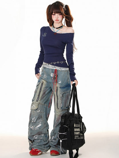Blue with Wide-leg Cut Design Zipper Cargo Jeans Spray Paint Print