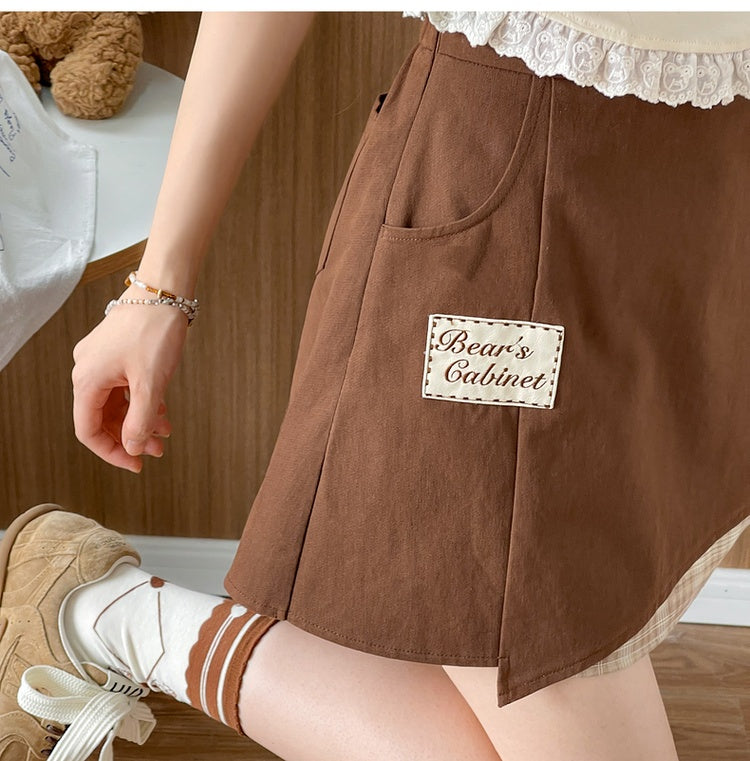 Bear Brown Plushie Hem with Skirt Letter Embroidery Applique Plaid