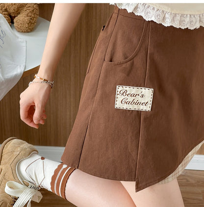 Bear Brown Plushie Hem with Skirt Letter Embroidery Applique Plaid