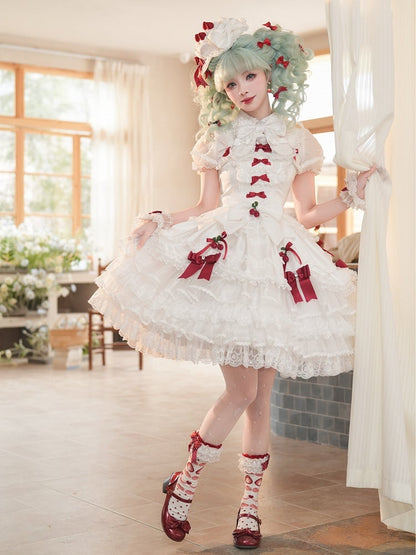 White Strawberry Princess Layered Ruffle Dress Sweet Lolita Jumper Skirt with Detachable Puff Sleeves