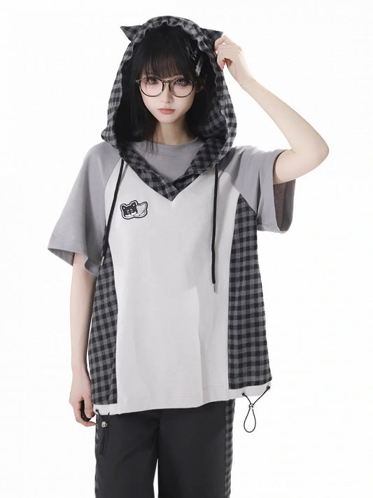 Techwear T-Shirt Plaid Patchwork Design Wolf Embroidery Wolf Ears Hood Gray