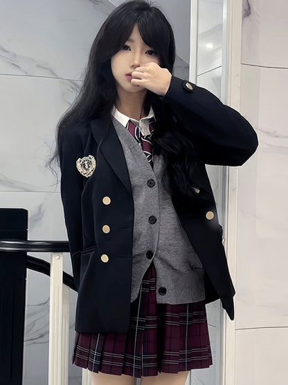 Blue JK Decorated Badge Uniform Dark Preppy Blazer Style