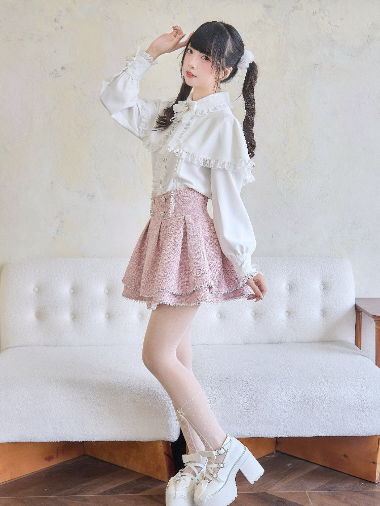 Tweed Skirt Waist Pink Jirai Kei Heart Rhinestones High