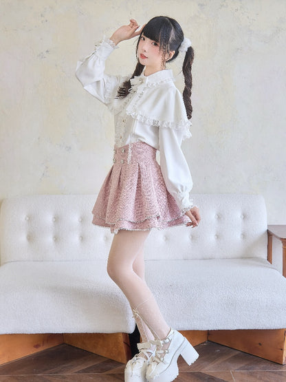 Tweed Skirt Waist Pink Jirai Kei Heart Rhinestones High