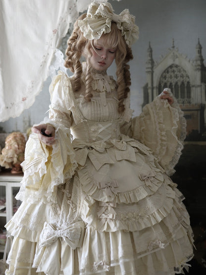 Accents Dress Beige Layered Hem Under Ruffle Sweet Lolita with Bust Bow