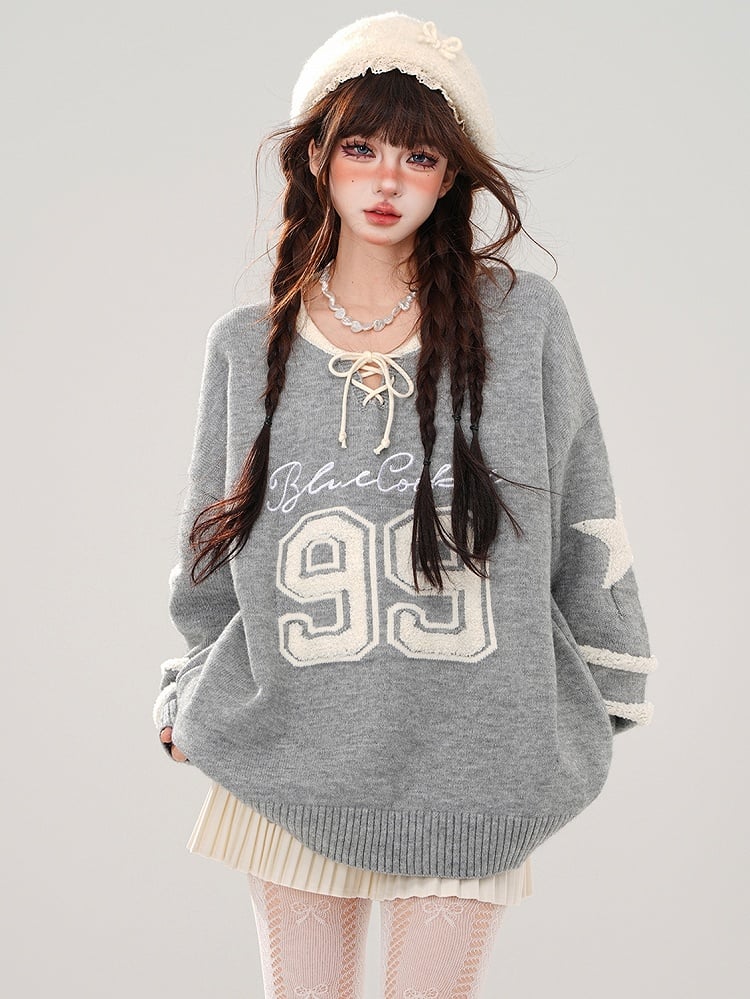 Red/Grey Numbers Lace-up Detail V-neck Loose Sweater