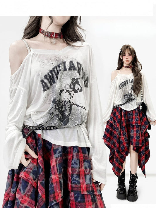 Asymmetrical Print Top Neckline Long Sleeves White Design