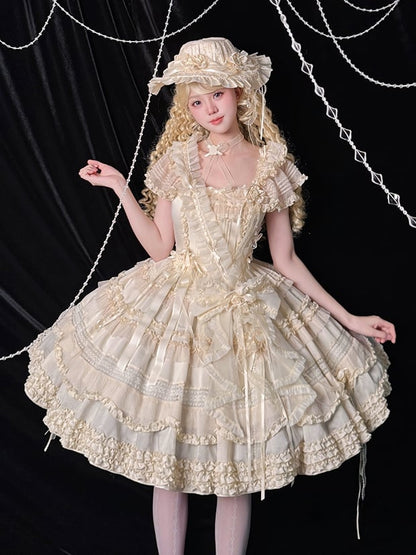 Plissee-Details, klassische Rüschenbesätze, Lolita-Kleid und elegantes Beige