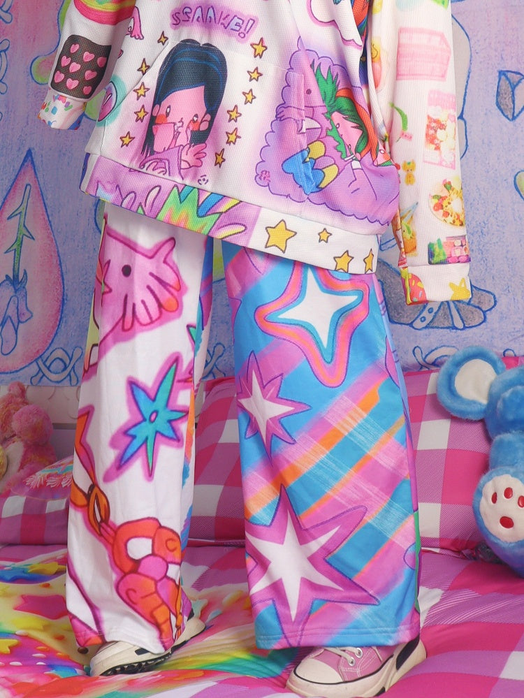 Cut And Print Colorful Cartoon Pants Star Y2K Wide-leg