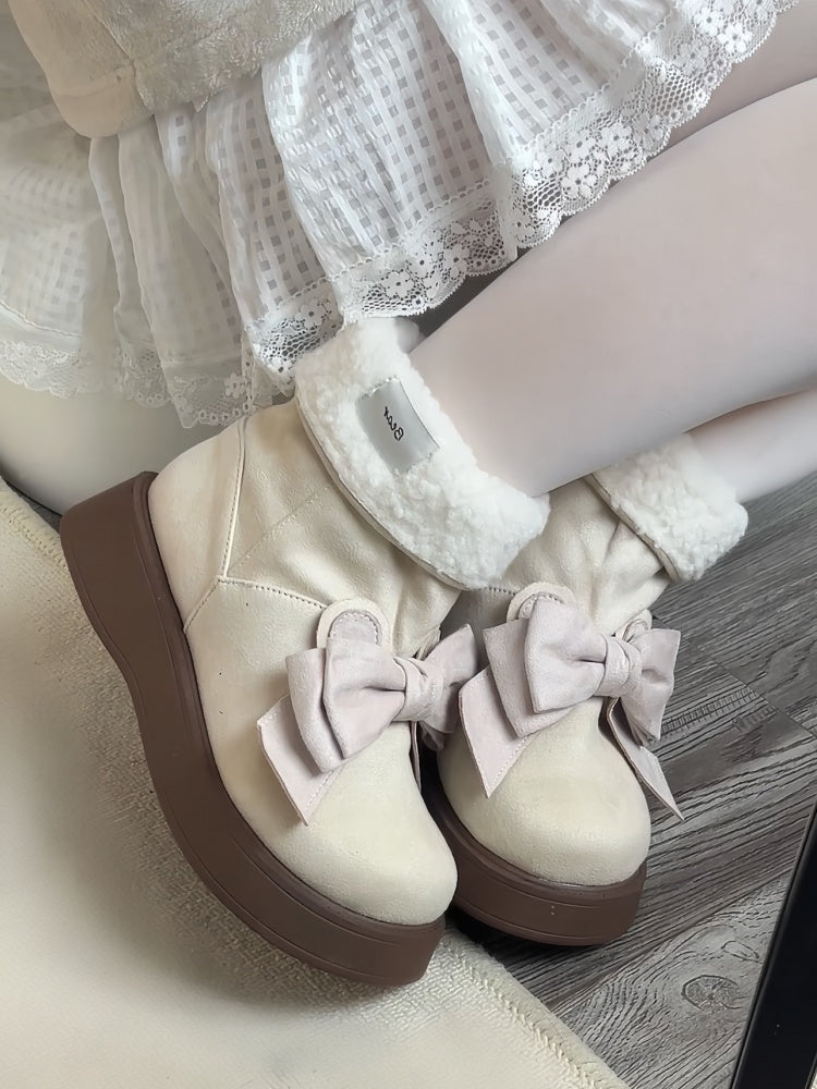 Beige Bunny Ear Bowknot Platform Winter Boots