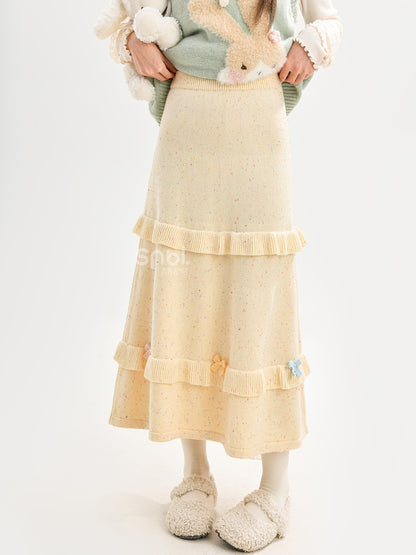 Yellow Bow Accents High Waist Knit Midi Length Skirt