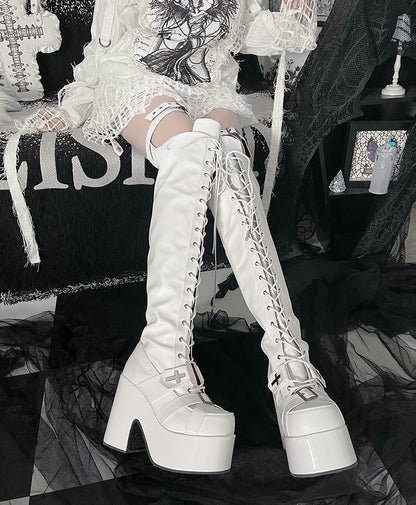 Matte White Front Lace-up Ties Buckle Straps Heel Platform Thigh-high Boots