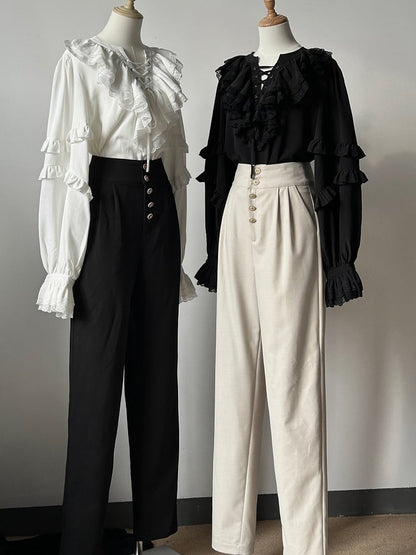 Button Ouji High-Waisted Lolita Details with Pants Beige
