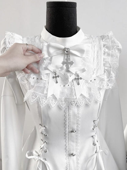 Matching Detachable Set: Bow Lace-Up Bell Sleeve with Waist Shorts Coord Kei Dress White Bib Tie Jirai