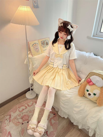 Yellow & White Sailor Collar Kitty Embroidery JK Uniform Top