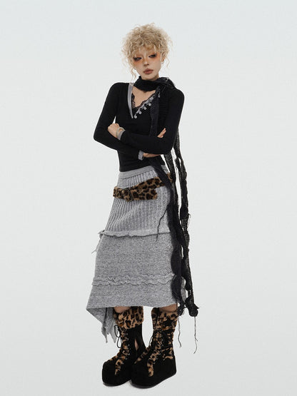 Asymmetrical Grey A-Line Knit Skirt with Rose Ribbon Detail