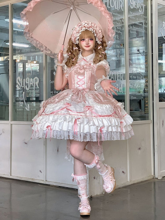 Bows Dress Chain White Sweet Lolita + Pink Bead Decorated and