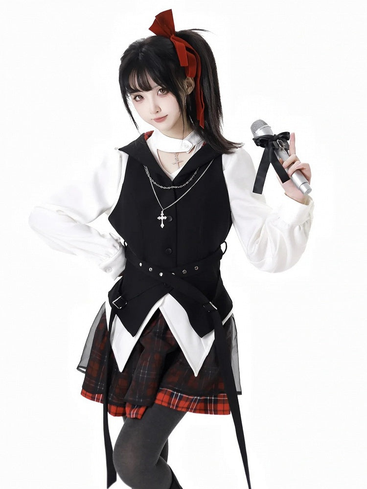 Rock mit Schnalle Mesh Overlay Rot Plaid Muster Gürtel Hexagramm Stickerei Idol