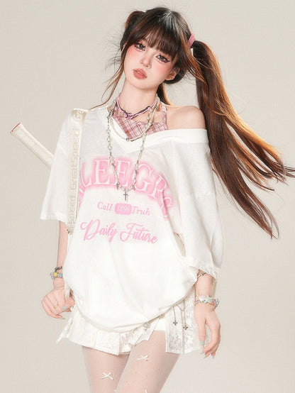 Two-pieces Halter Neck White/Black Faux Kawaii Daily T-shirt