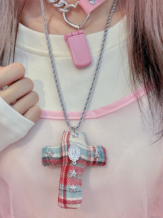 Y2K Blau-Rot-Kreuz Mode Verzierte Gyaru Halskette Stern