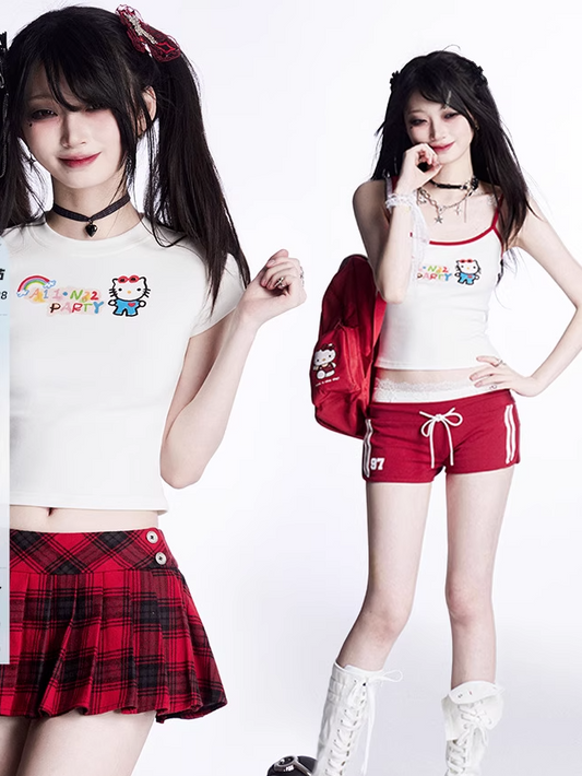 White Kitty Pattern Bittersweet T-shirt/Cami Top