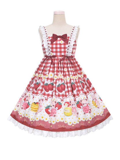 Wine Red Plaid Strawberry and Bear Print Cottagecore Country Sweet Lolita Dress Jumper Skirt