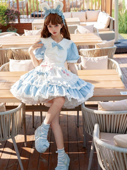 Blue and White Bunny Theme Tiered Ruffles Maid Lolita Dress