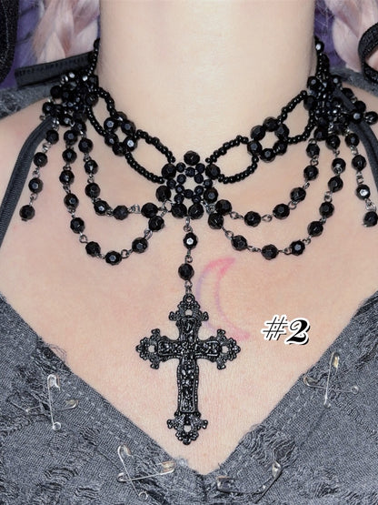 Black Punk Cross Pendant Beaded Necklace