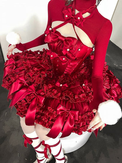 Red Christmas Outfit Basque Waist Satin Bows Strapless Puffy Dress Full Set