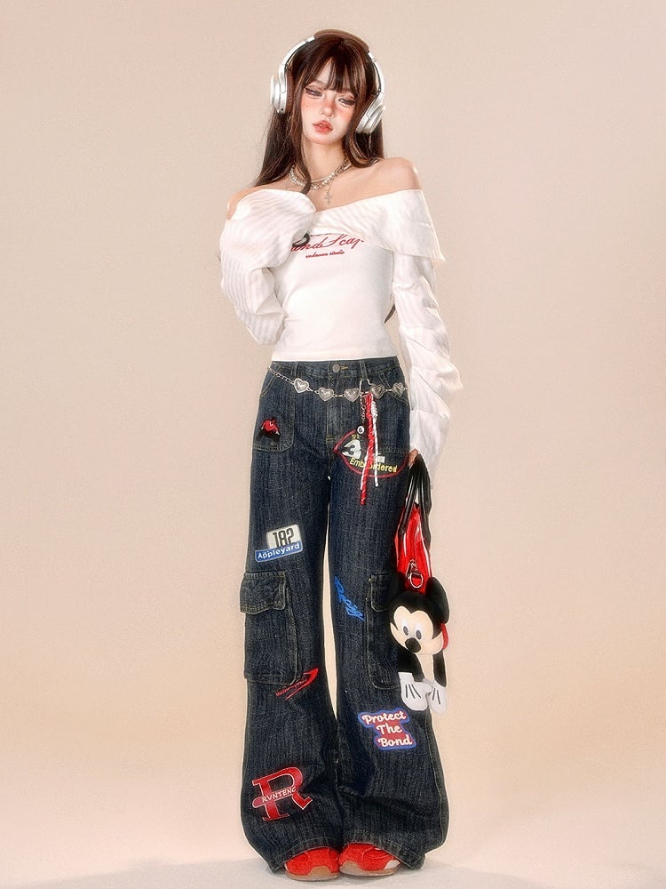 Dark Jeans Leg High Blue Street Wide Cargo