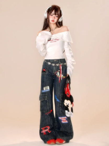Cargo Jeans High Leg Dark Blue Wide Street