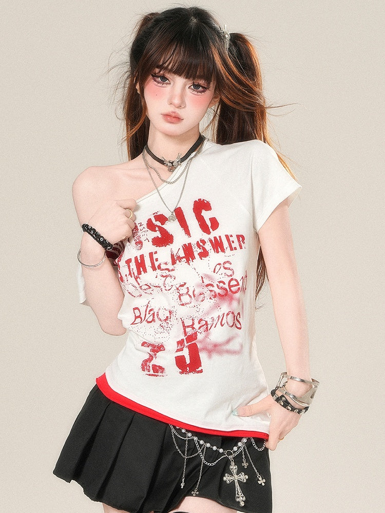 Letter Asymmetrical Neckline T-shirt Glamorous Print White/Gary