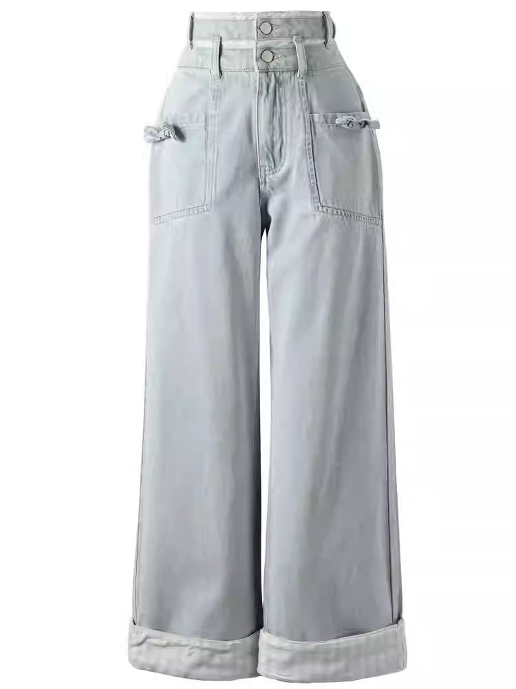 Jean bleu taille haute coupe droite orné d'un nœud