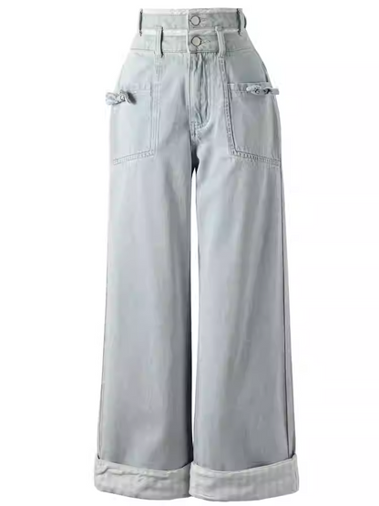 Jean bleu taille haute coupe droite orné d'un nœud
