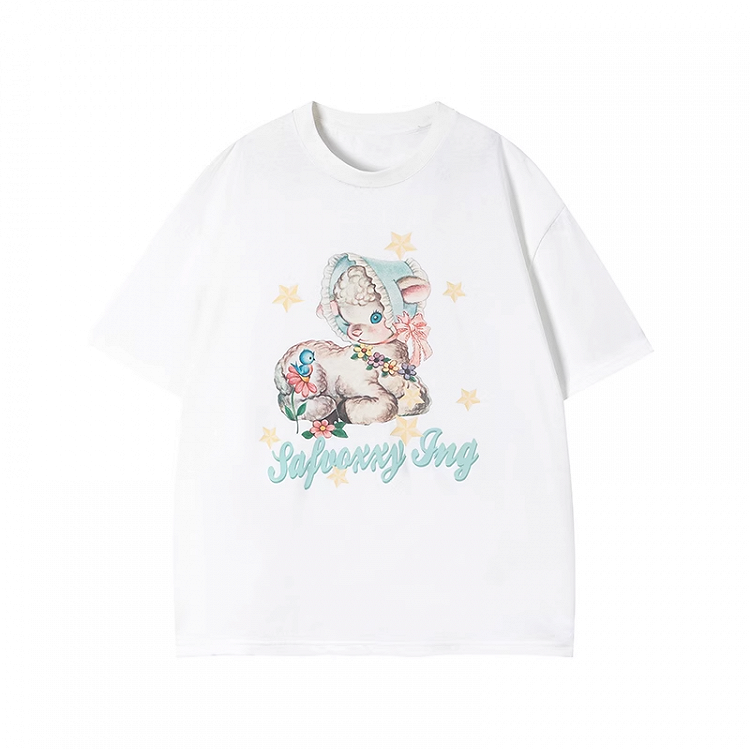 T-Shirt White Round Neck Cute Deer Print Loose